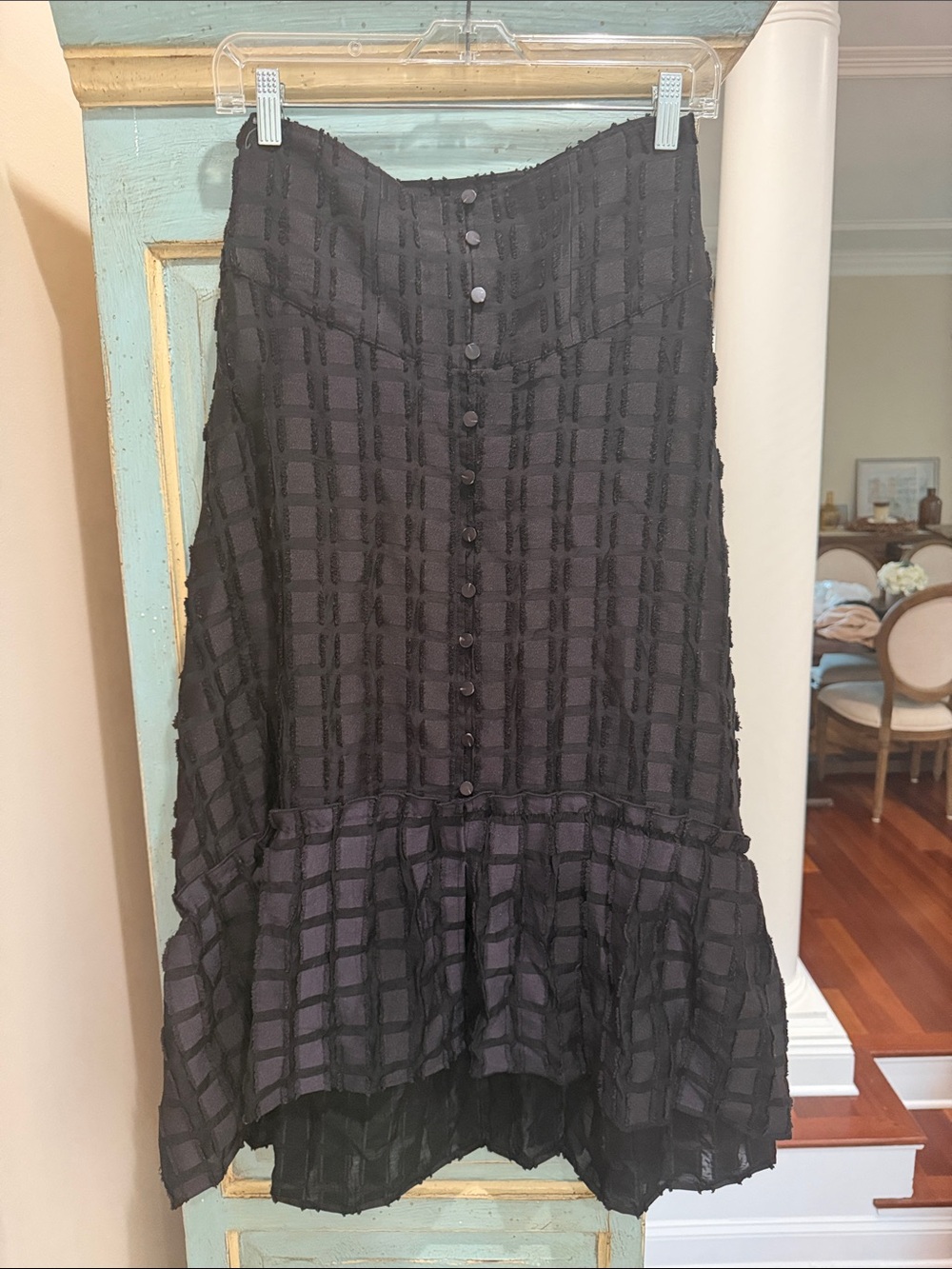 Maeve Anthropologie Black Grid Textured Button Front High Low Midi Skirt Size 2
